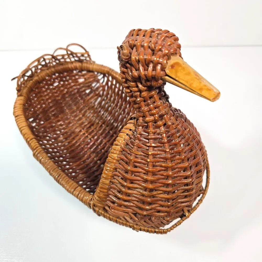 Vintage Wicker Duck Basket Handwoven Chinese Handicraft Farmhouse Cottage Decor